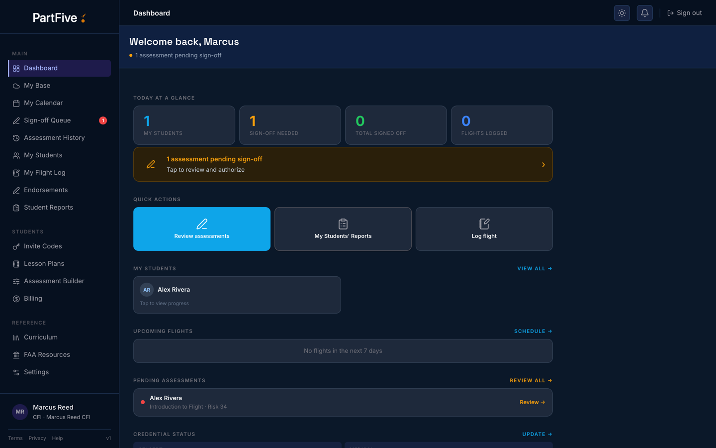 PartFive independent CFI dashboard