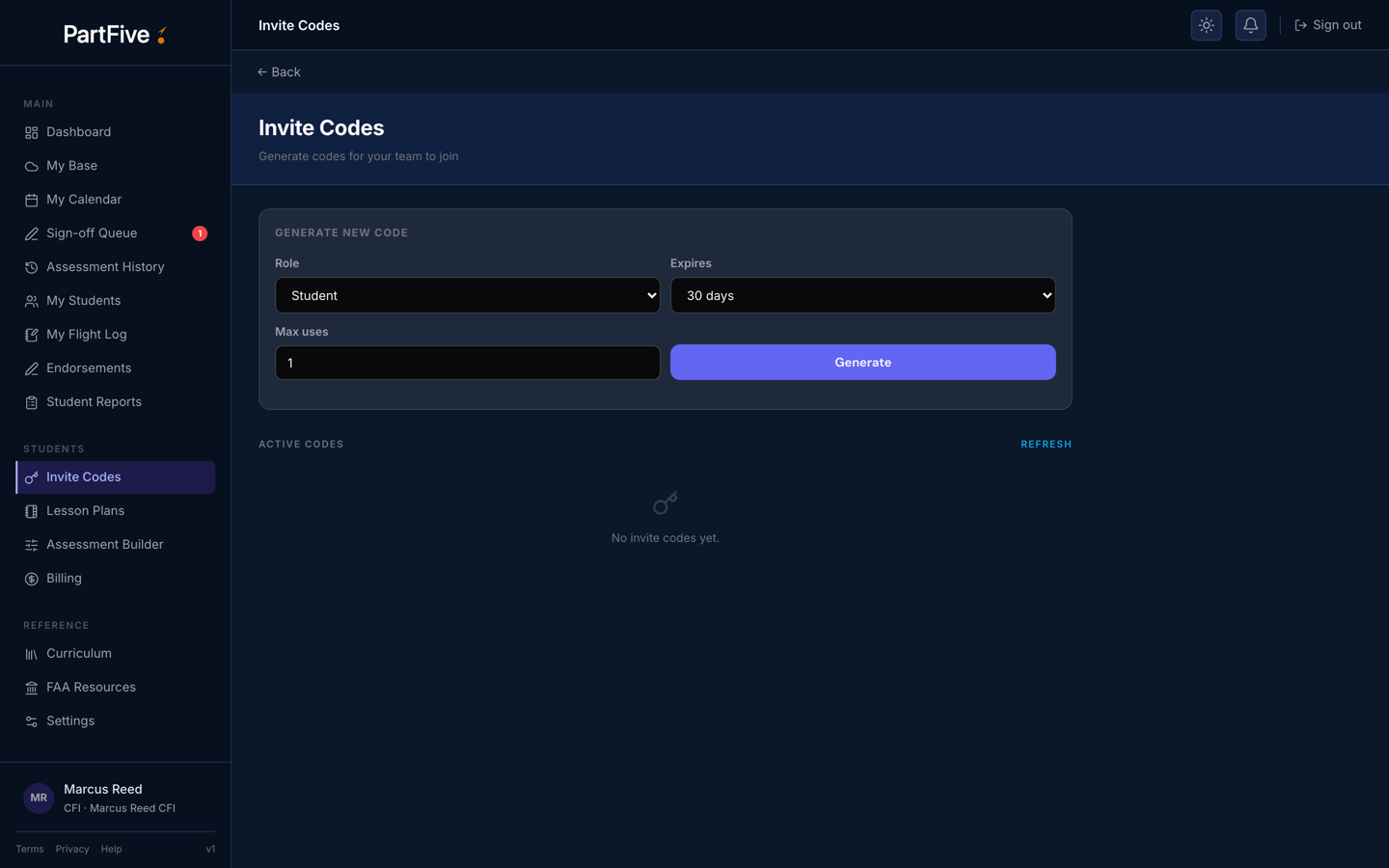 PartFive invite students by code or email
