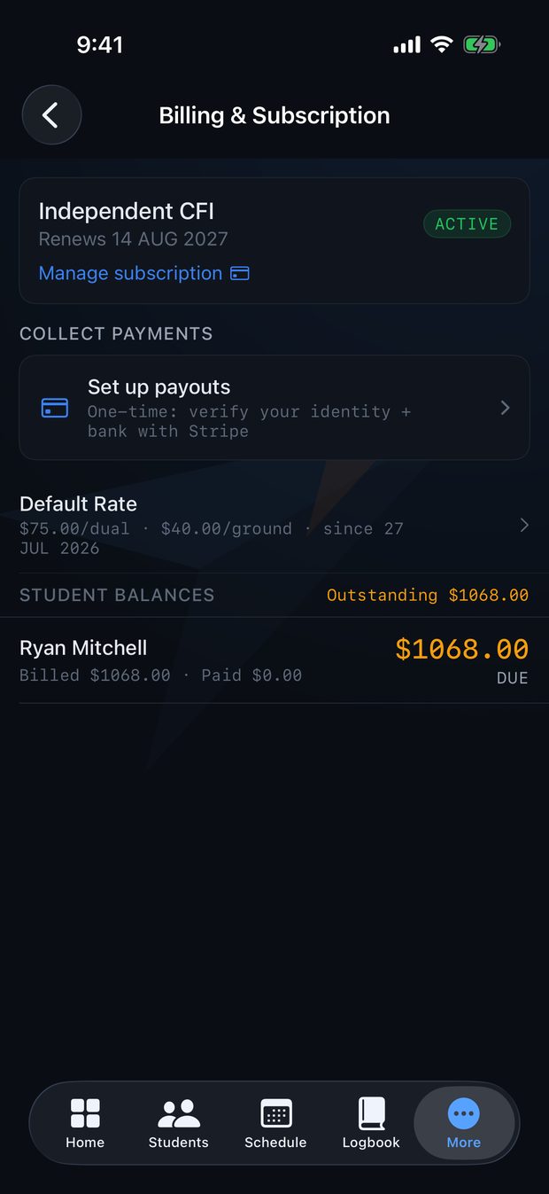 The instructor's billing screen showing payouts set up and each student's outstanding balance
