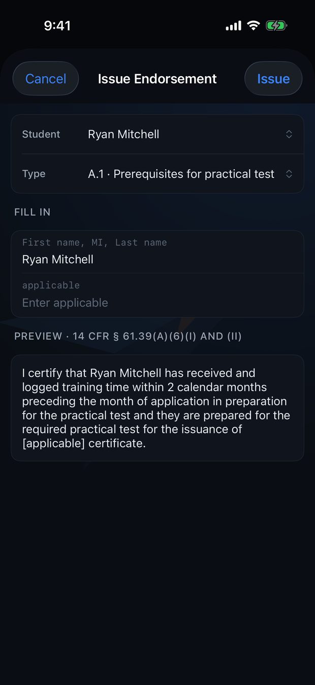 Issuing an endorsement from the FAA template for the practical test, with the wording filled in automatically