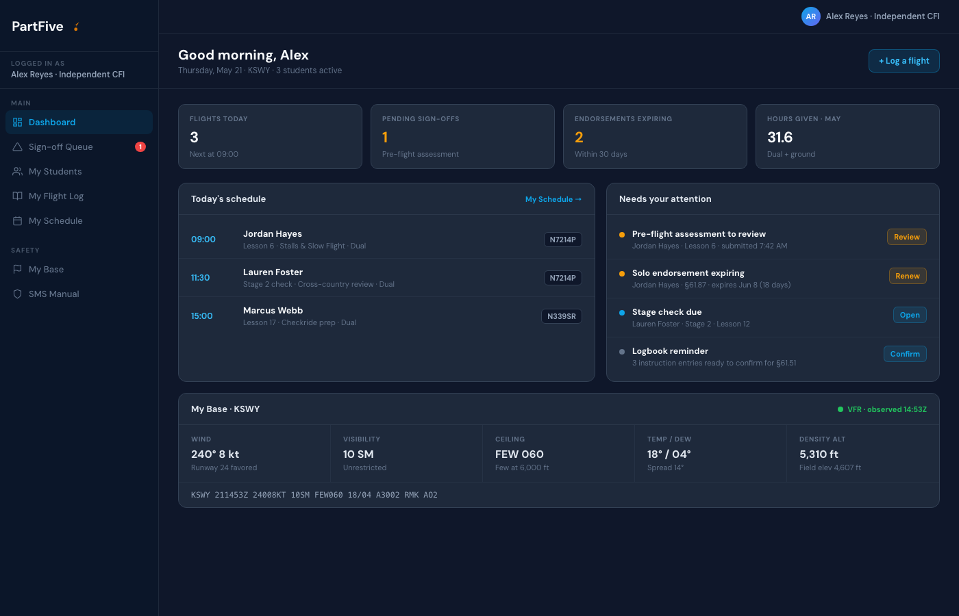PartFive Independent CFI dashboard — schedule, sign-offs, endorsement reminders